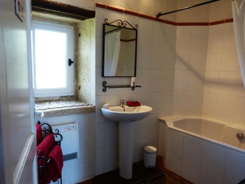 une salle de bain avec un lavabo, une baignoire et un miroir dans l'établissement Mas des Bougainvillees, à Sernhac
