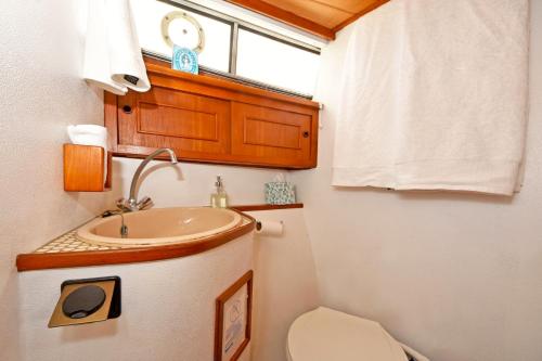La petite salle de bains est pourvue d'un lavabo et de toilettes. dans l'établissement Maine Bed & Boat, Nebi, à Damariscotta