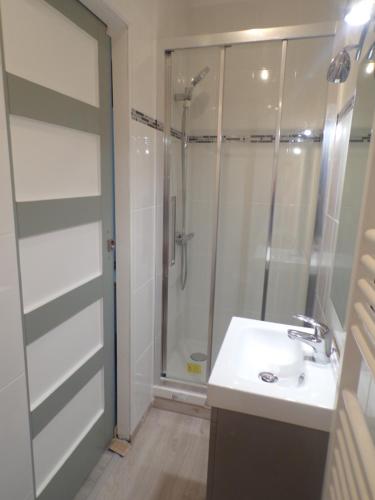 La salle de bains est pourvue d'une douche et d'un lavabo blanc. dans l'établissement studio Turquoise, à Berck-sur-Mer
