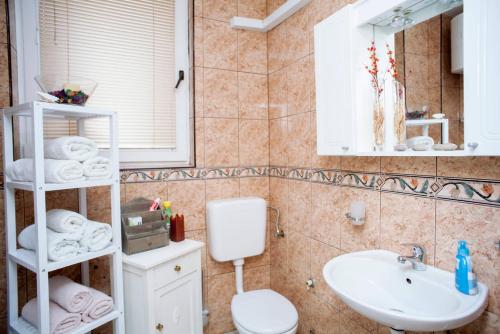 a bathroom with a sink and a toilet and a mirror at Apartment Markale in Sarajevo