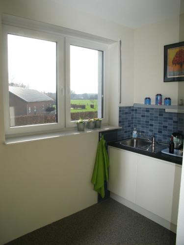 a kitchen with a sink and two windows at B&B De Beverhoek in Roggel