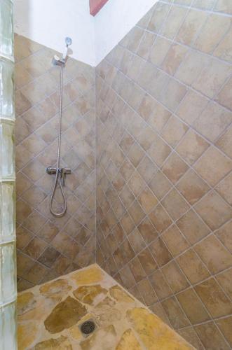 a bathroom with a shower with brown tiles at S'Alqueria in Campanet