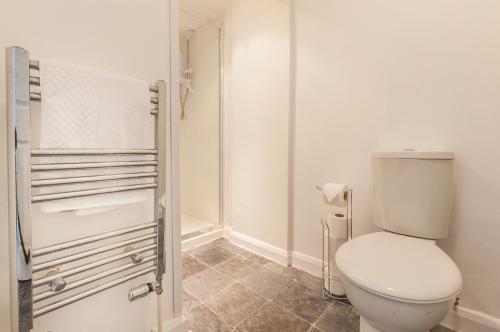 a bathroom with a toilet and a shower at Fiveway Apartments in Paignton