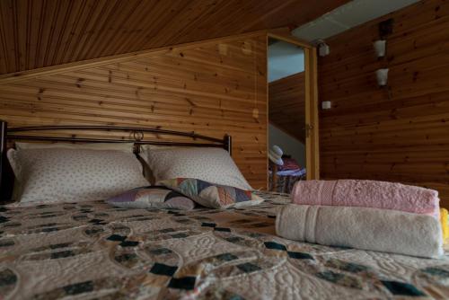een slaapkamer met een bed met een houten muur bij Zak Apartments in Keramotí