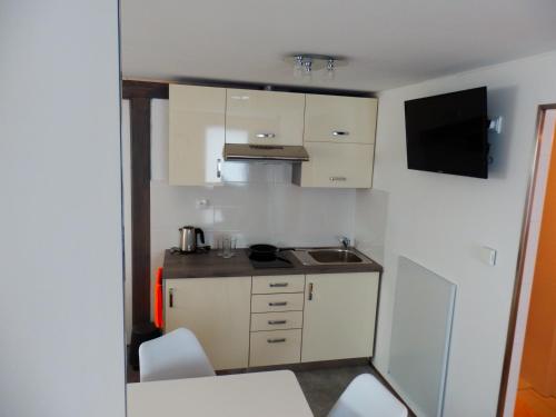 a small kitchen with white cabinets and a sink at Apartment Moravský Kras in Rájec-Jestřebí