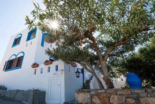 a white building with a tree in front of it at Schoner Blick in Sitia