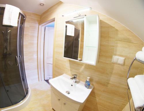 a bathroom with a sink and a shower and a mirror at Pokoje Gościnne Sandomingo in Sandomierz