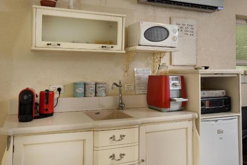 a kitchen with a sink and a microwave at Eden's Boutique in Had Nes
