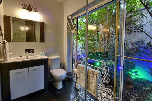 a bathroom with a toilet and a glass shower at Eden's Boutique in Had Nes