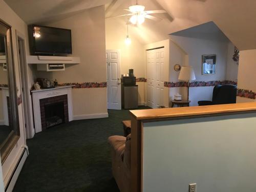 a living room with a fireplace and a flat screen tv at Longhouse Manor B&B in Watkins Glen