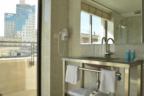 a bathroom with a sink and a shower with a window at Shamai Suites Jerusalem in Jerusalem