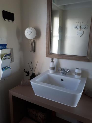 une salle de bain avec un lavabo blanc et un miroir dans l'établissement B&B 't Hoveke, à Wingene