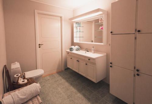 uma casa de banho com um lavatório, um WC e um espelho. em Lofoten Home Apartment em Leknes