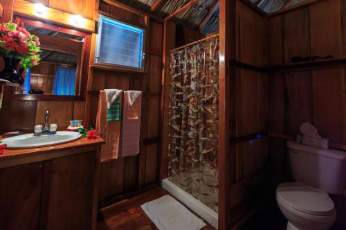 a bathroom with a toilet and a sink and a shower at St. George's Caye Resort in Belize City