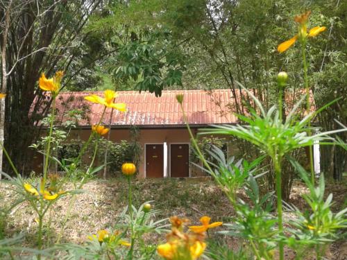 a house in the middle of a garden with flowers at Suan Bang Bon Guest House in Plai Phraya