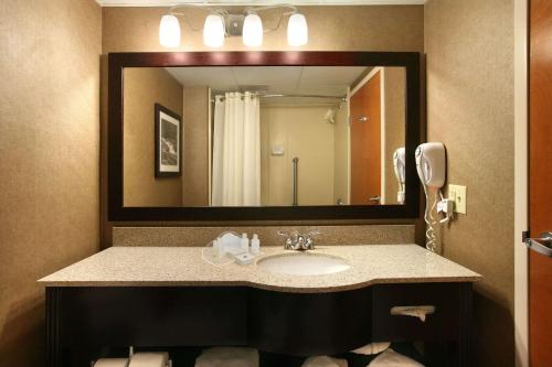 a bathroom with a sink and a large mirror at Wingate by Wyndham Garner/Raleigh South in Garner