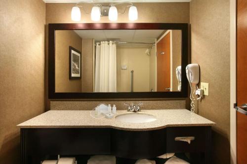 a bathroom with a sink and a large mirror at Wingate by Wyndham Garner/Raleigh South in Garner