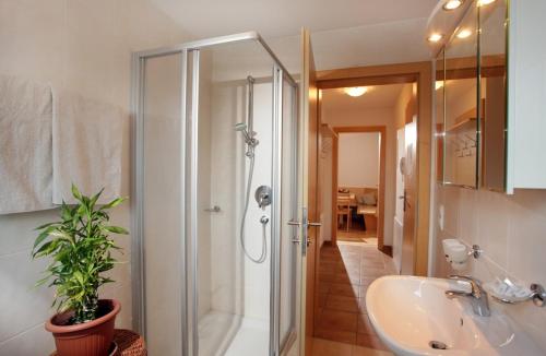 ヴェステンドルフにあるAppartement Dorfblick Top 1のバスルーム(シャワー、洗面台、トイレ付)