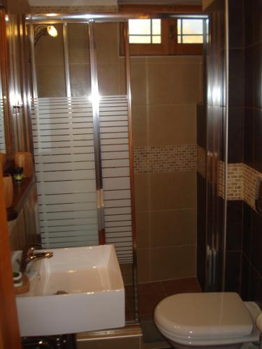 a bathroom with a sink and a toilet and a shower at Archontiko Koti in Agios Lavrentios