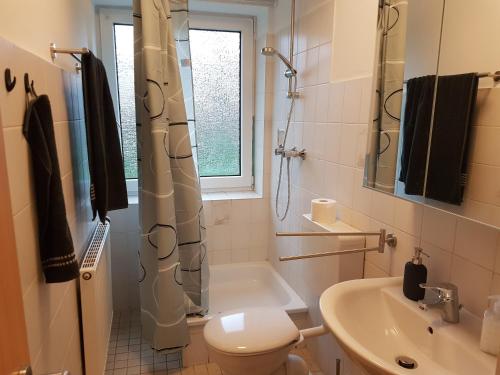 y baño con aseo, lavabo y ducha. en Kleine, ruhige Wohnung in Gelsenkirchen en Gelsenkirchen