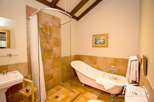 a bathroom with a tub and a shower and a sink at The Canyons B&B in Queenstown