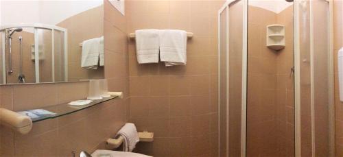 a bathroom with a shower and a toilet and a mirror at Hotel dell'Amarissimo in Bellaria-Igea Marina