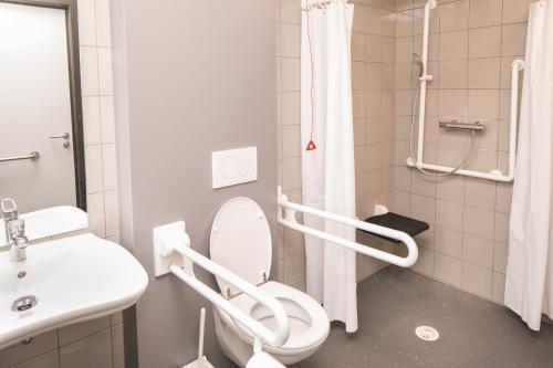 een badkamer met een toilet, een wastafel en een douche bij Hostel Bruegel in Brussel