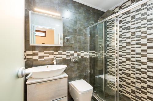 La salle de bains est pourvue d'un lavabo, de toilettes et d'une douche. dans l'établissement Rodi Stone Villa, à Kalyves