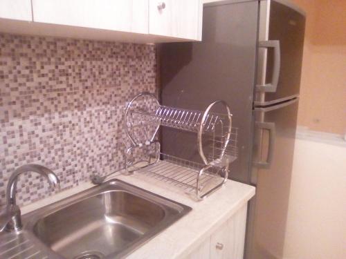 a kitchen with a sink and a stainless steel refrigerator at Alexandros in Aridaia