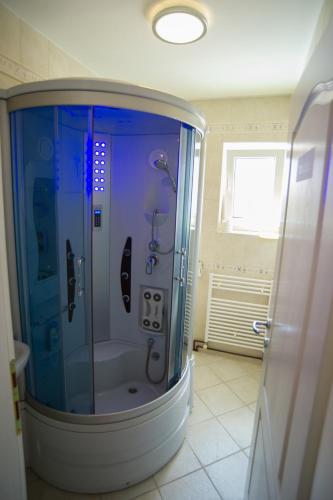 a bathroom with a shower with a glass door at Hostel Larisa in Banja Luka