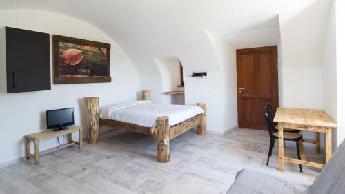 - une chambre avec un lit, une télévision et une table dans l'établissement Auberge Les Grillons, à Meyras