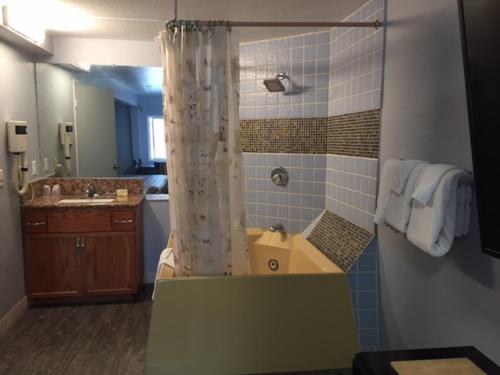 a bathroom with a shower with a tub and a sink at Sea Garden Motel in Pismo Beach