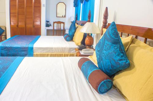 1 dormitorio con 2 camas con almohadas azules y amarillas en Hotel Alexandrina en Kingstown