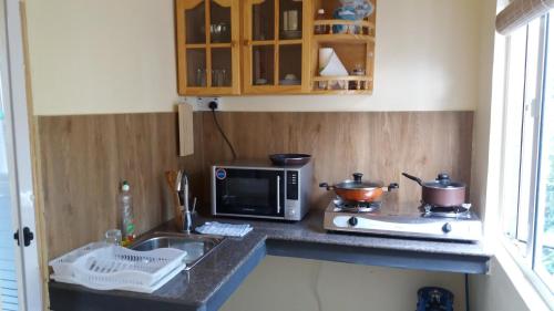 eine Küchentheke mit Mikrowelle und Spüle in der Unterkunft Freestyle suit in Le Morne