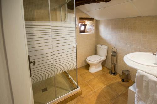 y baño con ducha, aseo y lavamanos. en La Casona de Sarria, en Sarria