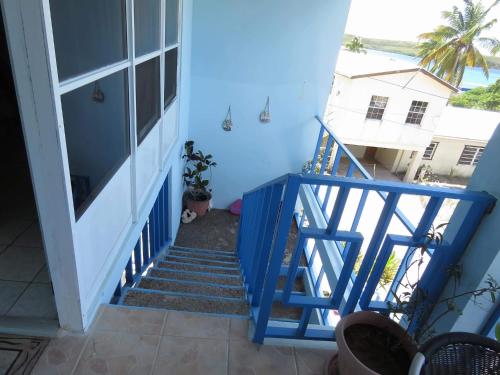 uma escada azul com uma parede azul e uma porta azul em Ellen Bay Cottages em Saint Philips