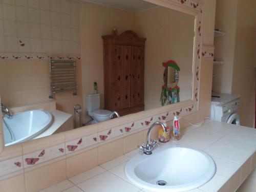 a bathroom with a sink and a tub and a mirror at Saulesdarzs in Ragaciems
