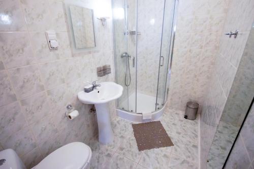 a bathroom with a shower and a toilet and a sink at Hotel U Stefaniaków in Wołomin