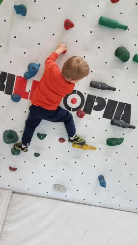 a young boy playing on a climbing wall at Apartment Bergverliebt in Mieming