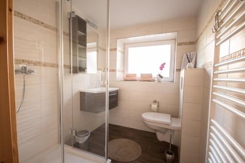 ein Bad mit einer Dusche, einem WC und einem Waschbecken in der Unterkunft Ferienwohnung SEA in Vogelsang