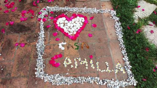 a heart drawn on a brick ground with flowers at B&B Casa Camilla in Padova