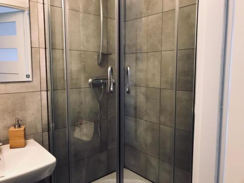 a shower with a glass door next to a sink at Hostel Octopus Gdańsk in Gdańsk