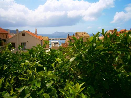 a view of a city from behind a bush at Studio apartment Luzia in Komiža