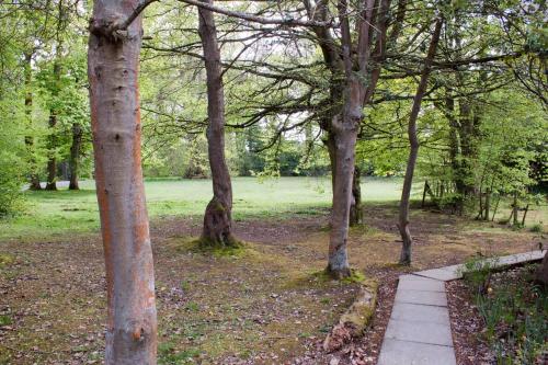 a path in a park with trees and a field at Bankton Rooms & Lodges in Livingston