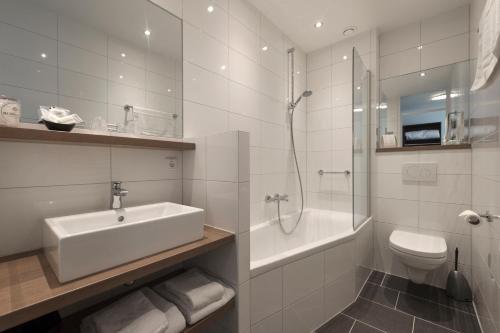 een badkamer met een wastafel, een toilet en een douche bij Hotel Restaurant in den Hoof in Maastricht