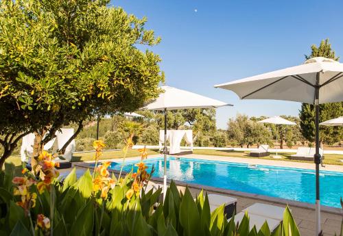 a swimming pool with umbrellas and trees next to it at Herdade da Sanguinheira in Longomel