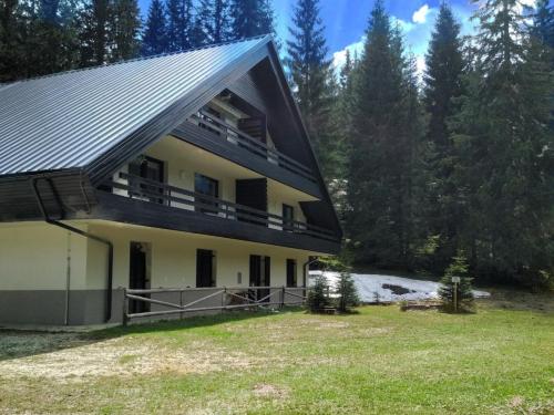 una casa grande con un gran patio en el bosque en Pokljuka Triglav national park en Zgornje Gorje