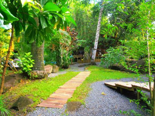 a wooden path in a garden with a bench at Les Manguiers in Deshaies
