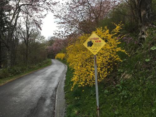 a yellow sign on the side of a road at Santari in Shintoku