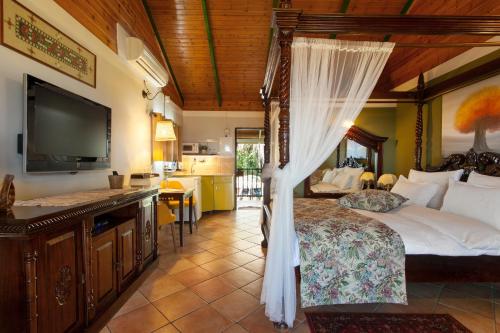 a bedroom with a canopy bed and a kitchen at Out of Africa Resort in Had Nes